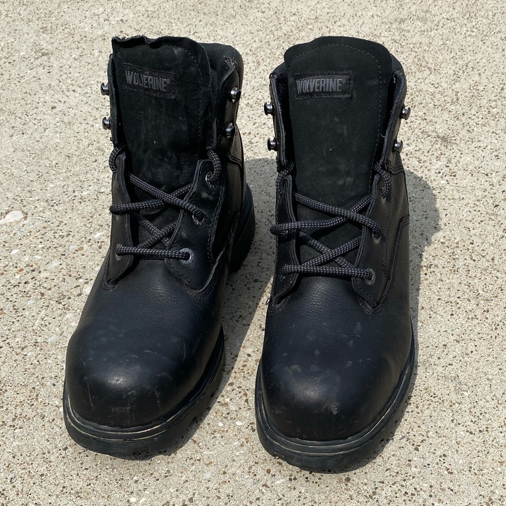 WOLVERINE~#W08167~MEN’S~BLACK~
LEATHER~STEEL TOE BOOTS~SLIP & OIL RESISTANT~G22​